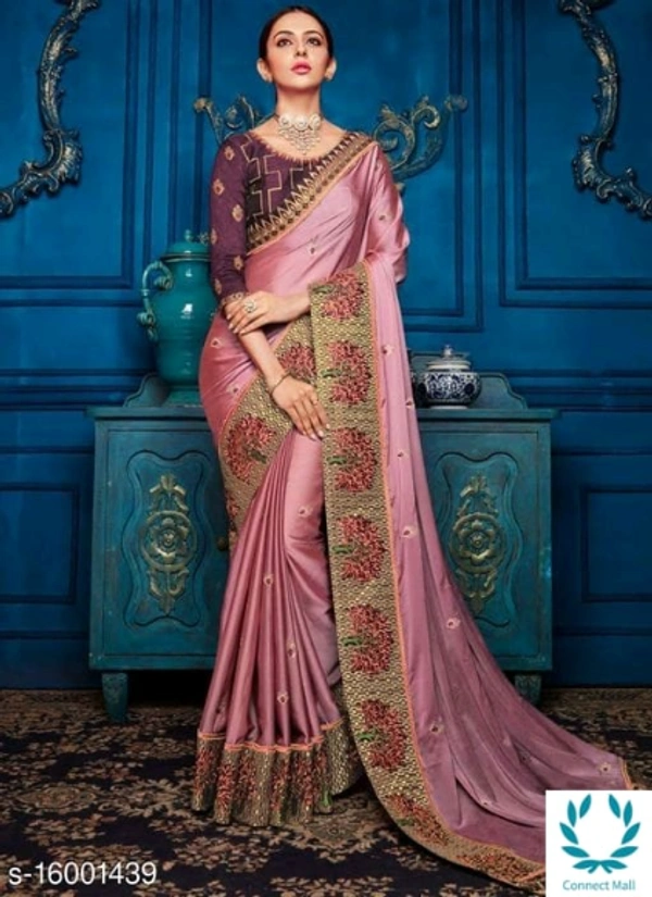 PINK SAREE WITH HEAVY EMBROIDERED BORDER WORK - Saree Length Size 5.5m Blouse Length Size-0.8, Pink, Saree Fabric-Georgette Blouse Fabric-CottonSilk, Multipack Of:1